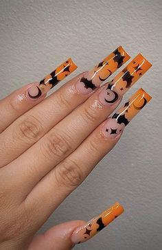 35 October Nail Art Designs Orange Ombre Halloween Long Nails Halloween Nail Designs Stiletto, Halloween Themed Nails Acrylic, Themed Nails Acrylic, Nail Designs Stiletto, Halloween Themed Nails, Themed Nails, Ultra Beauty, Brown Nails Design, Halloween Acrylic Nails