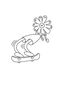 a drawing of a skateboarder with a flower on his head and one hand in the air