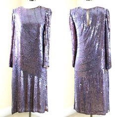 "Really a unique color. The sequins are purple iridescent, but the silk under it is a mauve, and it is lined in mauve silk..really unique.. This is also beaded around it as well. Excellent condition! Measuring: 44\" length Bust: 38\" Hip: 40\" Sleeves: 23\" Pet Free/smoke free Enjoy!" 1920s Purple Dress, Embellished Purple Silk Dress, Embellished Purple Sequin Fabric In Glamorous Style, Purple 70s Dress, Elegant Embellished Purple Sequin Fabric, Gatsby, Purple Dress, Unique Colors, Dress Clothes For Women