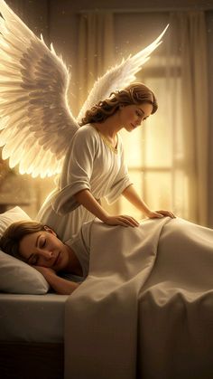 a woman laying on top of a bed next to an angel