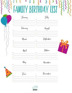 a family birthday list with balloons and gifts