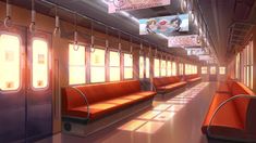 the interior of a subway car with orange seats and signs hanging from it's ceiling