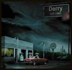 a red car parked in front of a gas station under a dark sky with clouds