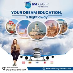 a woman sitting on the ground next to an airplane with images of different countries around her