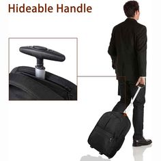 a man pulling a suitcase with wheels and handle on the side, labeled hideable handle