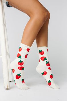 Carry the joy of summer with you in to the fall with these sweet strawberry socks! Crew socks with 5" cuff All over strawberry print Red Cotton Socks For Spring, Sweet White Summer Socks, Trendy Red Socks For Summer, Comfortable Red Socks For Summer, Strawberry Socks, Getaway Dress, Maternity Nursing Dress, Fun Socks, Crew Sock