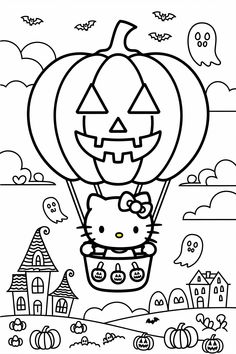 hello kitty in a hot air balloon coloring page