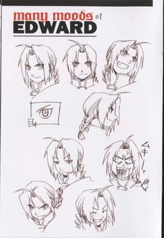 some sketches of different facial expressions and hair styles for an anime character's face