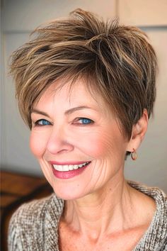 Layered Pixie Hairstyle for Women Over 50 with Thick Hair. Short Hairstyle Women Bob Layered, Pixie Wedge Haircut Over 50, Pixie Haircut For Round Faces Thick Hair, Thick Short Hair Cuts, Shorter Layered Haircuts, Kris Jenner Hair, Cornrow Hairstyles For School, Haircut Ideas Brown Hair, Layered Pixie Cut