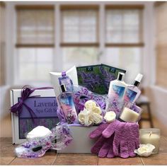 the lavender spa gift basket is displayed on a table