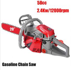 the gasoline chain saw is ready to be used for cutting wood and other things,