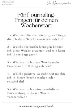 Fünf Journaling-Fragen für deinen Wochenstart: 1. Wichtige Ziele, 2. Herausforderungen, 3. Freude und Erfüllung, 4. Positive Gewohnheit, 5. Persönliche Entwicklung Deep Talks, Journal Questions, Free Mind, Coaching Tools, Get My Life Together, Blog Writing, Book Girl, Journal Writing