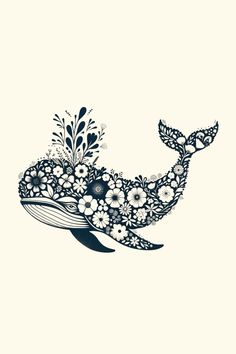 a drawing of a whale with flowers on it