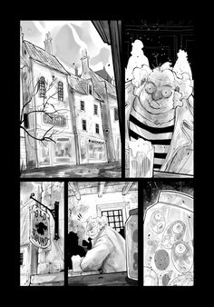 a black and white comic strip with an image of a man in the window looking at something