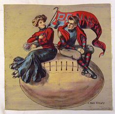 a drawing of two people sitting on top of a ball with a banner in the background