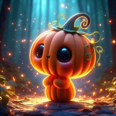 a little pumpkin sitting in the middle of a forest filled with leaves and glowing lights