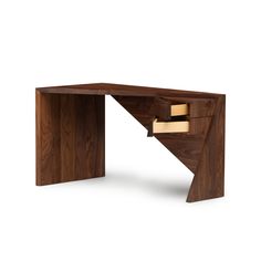 a wooden desk with two drawers on the top and one drawer open to reveal something