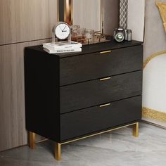 Mercer41 Rufford 3 - Drawer Dresser & Reviews | Wayfair Black And Gold Nightstand, Gold Nightstand, Metal Canopy Bed, Tufted Upholstered Bed, 3 Drawer Nightstand, 3 Drawer Dresser, Wooden Nightstand, 2 Drawer Nightstand, Nursery Furniture Sets