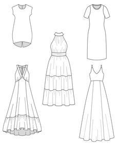 three different dresses and one dress that is cut out into four pieces, each with an attached