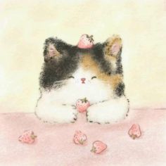 a drawing of a cat with strawberries on it's head and eyes closed