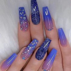 PRICES MAY VARY. 【Unique Design】Blue purple gradient and rhinestones nails design, long coffin press on nails, combine trendy elements with classic color and shape, looks shiny and attractive. 【High Material】 BABALAL coffin press on nails are made of acrylic ABS, environmentally friendly, does not hurt your hands, not easy to break. 【Different Sizes】24pcs long fake nails with design in many different sizes. According to the size and width of your nails, you can choose the most suitable fake nail Glue Remover, Purple Nail Designs, Nagel Tips, Nail Remover, Manicure Tips, Nail Type, Purple Nail, Coffin Press On Nails, Fake Nails With Glue