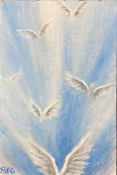 a painting of white birds flying in the sky with blue and white clouds behind them