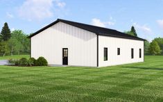 an artist's rendering of a white barn with black roof and windows in the grass