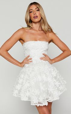 Rheiva Mini Dress - Strapless 3D Embroidery Dress in White | Showpo USA Dress For Confirmation, White Strapless Mini Dress For Garden Party, White Strapless Mini Dress For Prom, Elegant White Mini Length Strapless Dress, White Feminine Mini Strapless Dress, Formal Dress Strapless, White Strapless Mini Dress With Lined Bodice, Strapless Homecoming Dresses, Confirmation Dresses