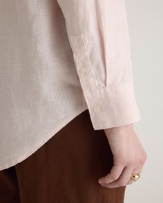 The wash, dry, and go linen shirt you've been waiting for. Chic yet casual, this classic button-up is a true wardrobe essential. Did we mention, it goes with just about everything? Including our organic linen pants.  | Quince | Women's Long Sleeve Shirt in Pale Pink, Size XL, Linen Linen Shirt With Button Cuffs For Daywear, Classic Flax Shirt For Spring, Everyday Linen Button Shirt, Everyday Linen Shirt With Buttons, Effortless Linen Workwear Shirt, Effortless Linen Shirt For Work, Versatile Linen Shirt With Relaxed Fit, Everyday Linen Tops With Button Cuffs, Everyday Flax Color Button-up Tops