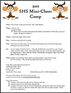 the 2013 shs mini - cheer camp flyer is shown in black and white with orange flowers