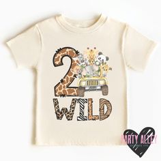 a t - shirt with the number two on it that says 2 wild in front of a giraffe and zebra print