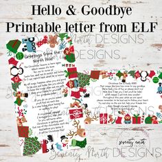 the printable letter from elf is displayed on a wooden background with christmas decorations and presents