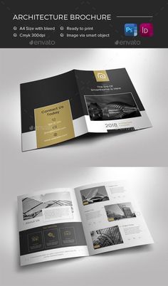 an open brochure with black and gold accents on the front, back and sides