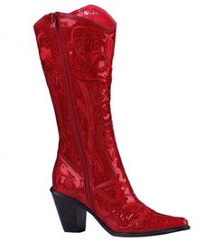 We are dressing up the country cowgirl look with a sassy layer of sequin on a bright red color. It's a bold move, but these Helen's Heart boots are a complete fashion statement. Want to stop traffic?? These are the boots to do it! These fire-engine red blingy boots definitely bring attitude to any outfit! *Boots are available in whole sizes only (5-11). *Helen's Heart sequin boots tend to run a little bigger. If you're a half size then you'll want to go down to the next whole size. For example, Red Boots For Rodeo In Winter, Red Western Boots For Winter, Fitted Sequin Boots For Fall, Red Glamorous Boots, Glamorous Red Fitted Boots, Glamorous Red Boots, Glamorous Red Boots For Fall, Red Fitted Boots For Rodeo, Fitted Red Boots For Rodeo