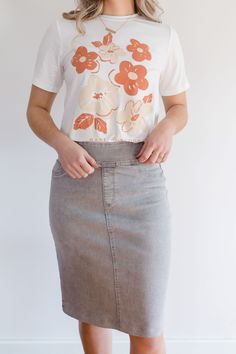 This soft denim skirt has a vintage wash for that lived in look we love. It is made from a quality, stretch denim to ensure a modest and flattering fit. Featuring a wide waistband for extra comfort and easy styling. This skirt was designed with everyday wear in mind and will pair well with just about any casual top in your wardrobe. 75% Cotton 23% Polyester 2% Spandex Wash Cold Gentle Cycle Hang to Dry Low Iron if Needed Model A Height 5'9" | Wearing Size 4 in 26" Length Model B Height 5'6" | We Soft-washed Medium Wash Bottoms For Spring, Spring Medium Wash Soft-washed Bottoms, Spring Soft-washed Medium Wash Bottoms, Spring Mid-rise Stretch Denim Skirt, Modest Relaxed Fit Bottoms For Spring, Spring Light Wash Soft-washed Bottoms, Fitted Denim Skirt With Elastic Waistband, Spring Stretch Soft-washed Bottoms, Modest Spring Stretch Bottoms