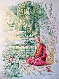 a drawing of a buddha sitting in front of a statue