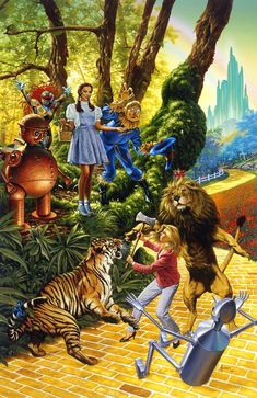 the wizard and the tiger are playing in the park with their animals, including a cat