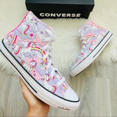 Brand New With Box. 100% Authentic! They've Got The Iconic Features You Know And Love Plus Bright Unicorn Prints, Just For Fun. Canvas High Top Sneakers. Smartfoam Insole For Cushioning. Allover Unicorn, Rainbow And Castle Prints. Soft Lining For Comfort. Iconic Chuck Taylor Ankle Patch. Size 4.5y- 6.5 Women’s Shoes Custom Converse High Tops, Camo Converse, Burgundy Converse, Neon Unicorn, Canvas High Top Sneakers, Unicorn Shoes, Brown Converse, Black Chuck Taylors, Painting Shoes