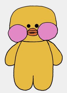 a yellow teddy bear with pink ears and nose munched to the side by itself