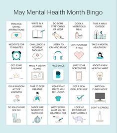 May Mental Health Month Bingo Mental Health Activity Ideas For Work, Mental Health Club Activities, Mental Health Bingo, Monthly Bingo, Mental Health Activity Ideas, Wellness Bingo, Random Bingo, May Mental Health, Self Care Bingo