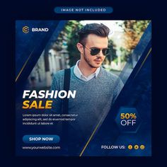 a fashion sale flyer with a man wearing sunglasses and looking at something in the distance