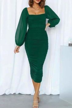 "Channel elegance and allure with our Women's Mesh Sleeves Backless Midi Dress. Featuring delicate mesh sleeves and a daring backless design, this dress exudes sophistication. Perfect for special occasions or evenings out, its midi length adds a touch of refinement. Embrace timeless style with this captivating dress." Dressy Sheath Midi Dress For Party, Green Stretch Dresses For Party Season, Stretch Green Dresses For Party Season, Green Stretch Dress For Party Season, Sheath Midi Dress For Party, Glamorous Sheath Midi Dress For Party, Holiday Party Sheath Midi Dress, Holiday Sheath Midi Dress For Party, Dressy Sheath Bodycon Dress For Party