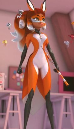 an animated image of a woman in a fox suit holding a knife and looking at the camera