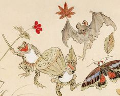 an image of some animals that are in the air with leaves and moths around them