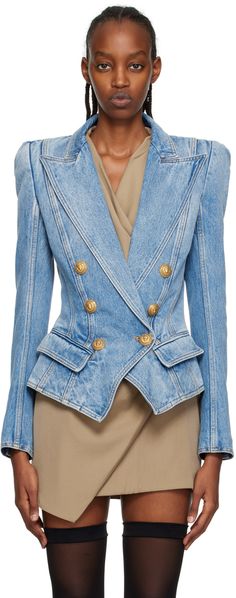 Non-stretch denim jacket. · Paneled construction · Peaked lapel · Single-button closure · Button hardware at front · Flap pockets · Padded shoulders · Five-button surgeon's cuffs · Unlined · Graphic-engraved gold-tone hardware · Contrast stitching in tan Supplier color: Blue Gg Belt, Street Style Chic, Denim Jacket Women, Gucci Black, Style Chic, Contrast Stitch, Curator Style, Luxury Streetwear, Flap Pocket