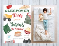 a child laying in bed next to a sleepover party card with an image of a boy on it