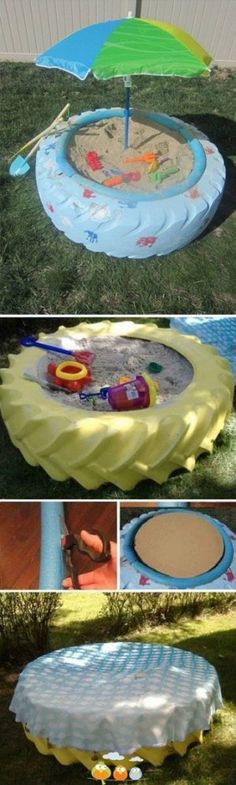 an upside down table in the middle of a yard with umbrellas on top and other pictures