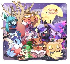 many different pokemon characters are grouped together in this cartoon character photo with the caption happy halloween