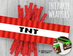 red and white striped paper straws with the word tht printed on them next to a sticker that says, tin party wrappers