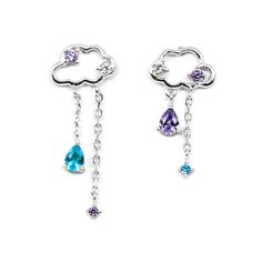 Details: Sterling Silver / 18K Gold Vermeil ''May your cloudy days filled with smile and good luck!'' Anti-tarnish, anti-allergy, nickel-free. Designed in USA Trendy Blue Sterling Silver Earrings, Purple Drop Crystal Earrings, Purple Crystal Drop Earrings, Purple Sterling Silver Earrings For Party, Purple Drop Earrings With Sparkling Stones, Goddess Jewelry, Blue Gems, Cloudy Day, Asymmetrical Design